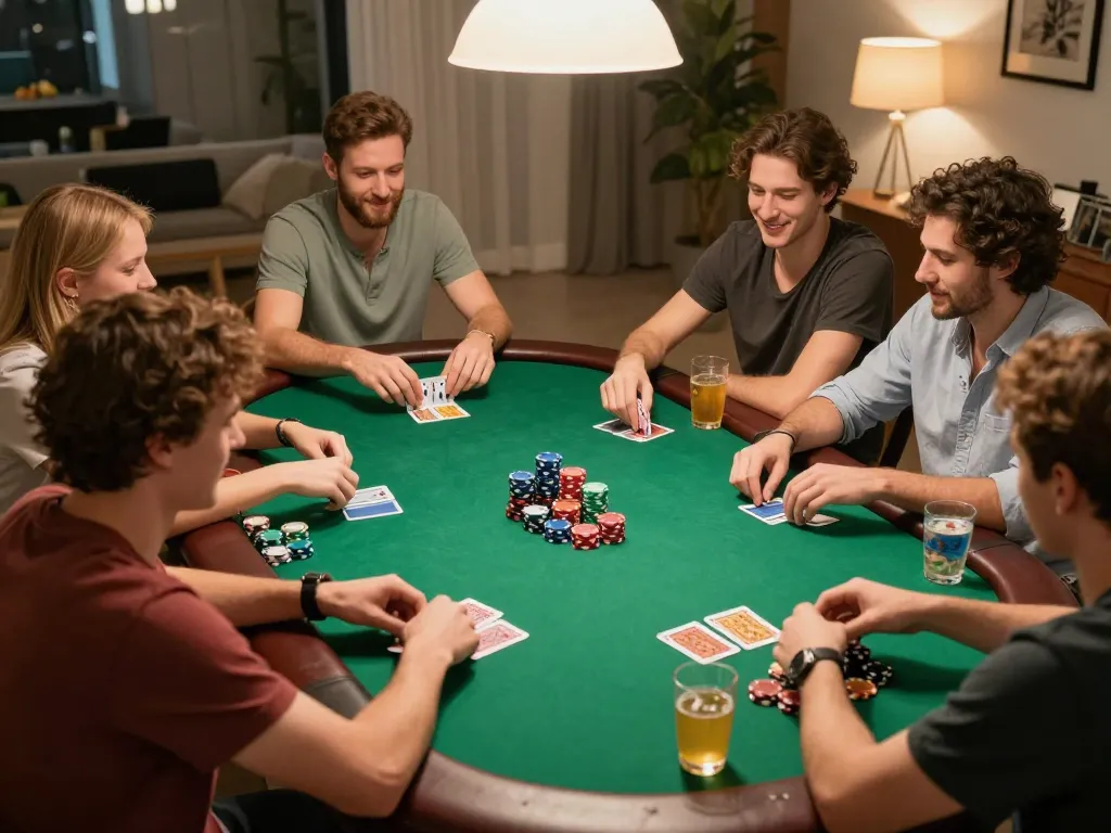 Friends playing poker with chips and cards at home while using sc88 com for online betting