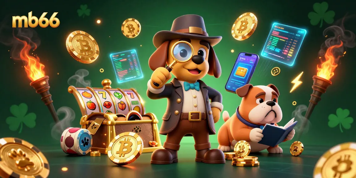 Bet on mb66 with a detective examining clues amidst glowing crypto coins and slot reels.