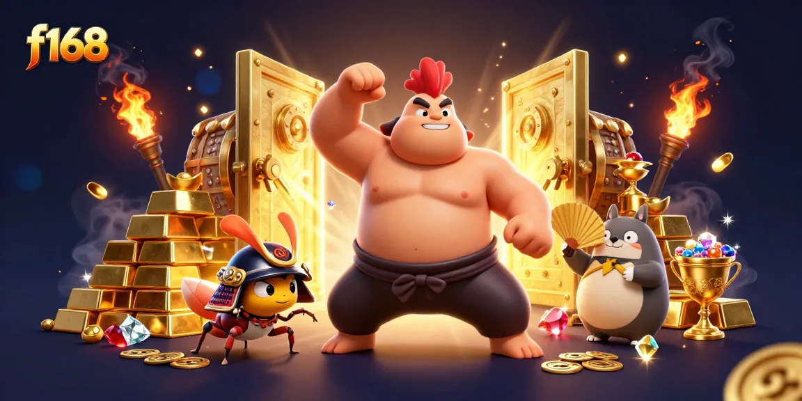 Experience thrilling slots with f168’s vibrant gaming scene featuring a sumo wrestler, cricket, and tanuki.