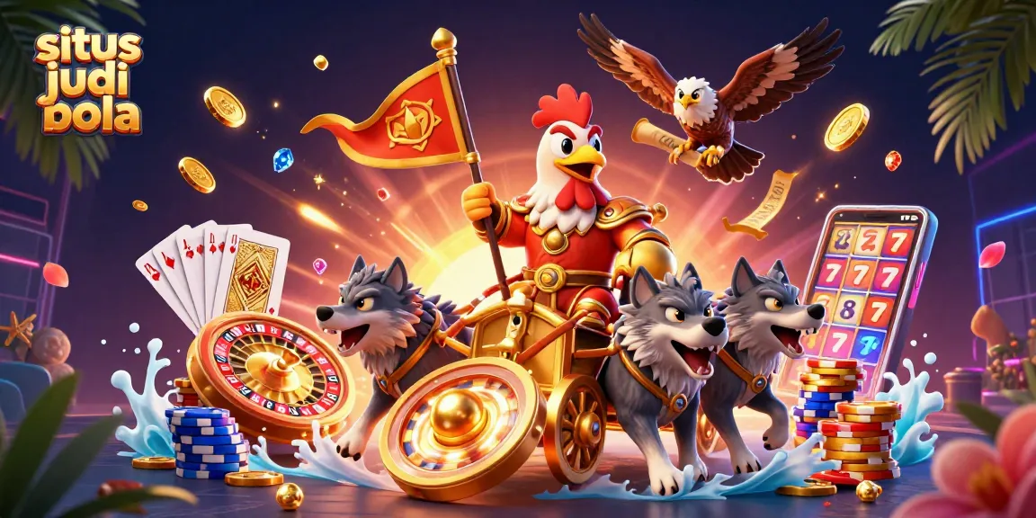 Situs judi bola offers a thrilling experience with a rooster warlord and golden chariot amidst cascading coins.