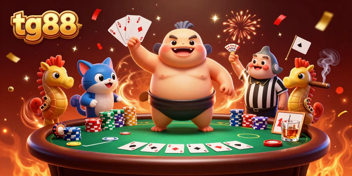 Engage with tg88's dynamic poker scene featuring a giant fugu and a wise catfish referee.