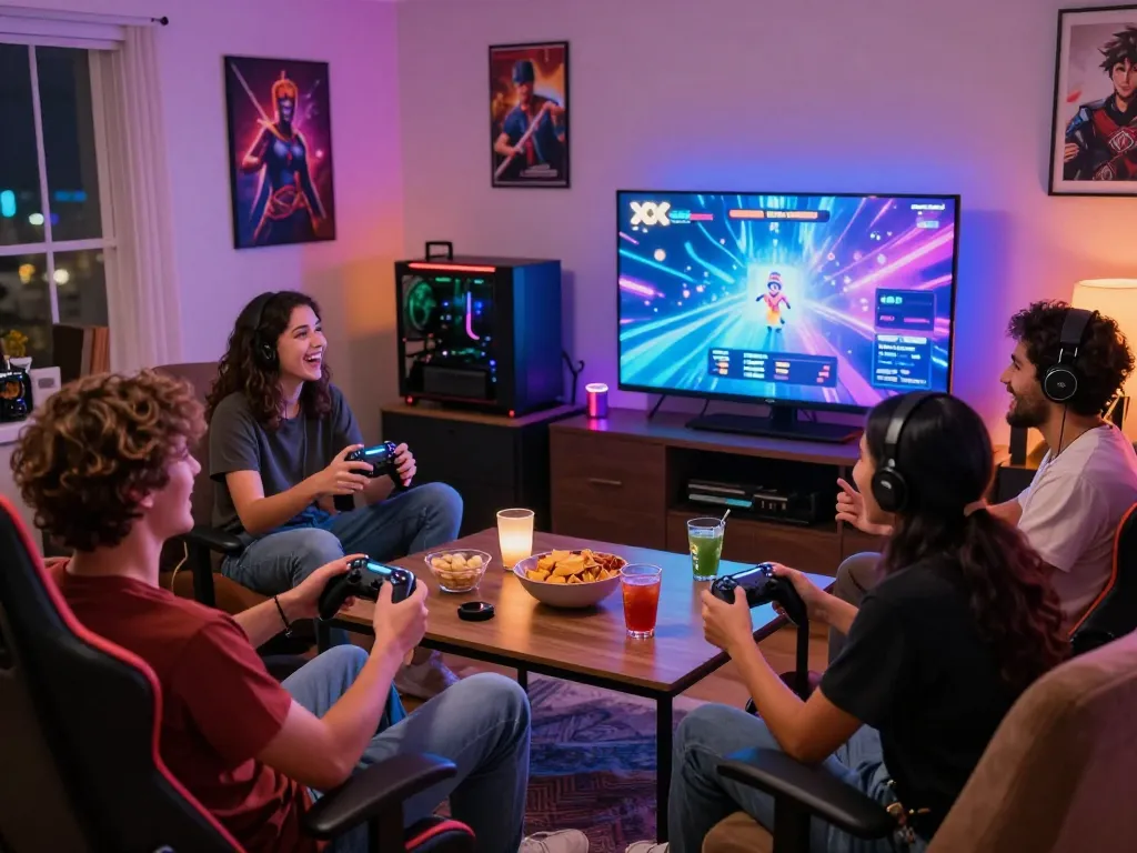Group enjoying interactive xxx games in a cozy gaming setup with snacks and LED lights.