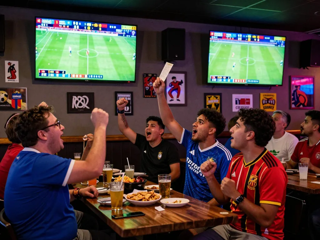 Fans cheering at a sports bar watching nowgoal scores during a football match.