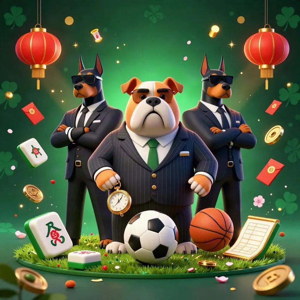 Suited bulldog and Dobermans with flying sports balls, gold coins, lanterns and neon casino glow.