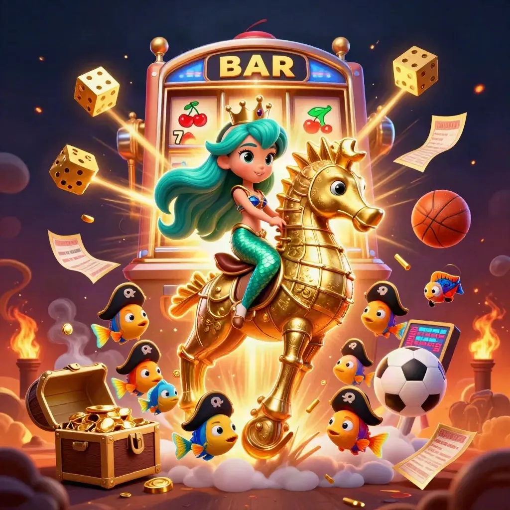 Mermaid princess rides a golden seahorse amid slot bursts, dice, fish, and sports props.