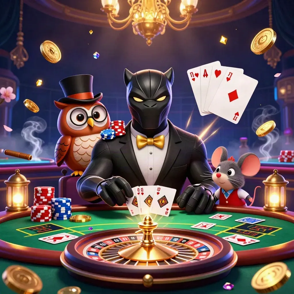 Panther, owl, and mouse in a luxe neon casino room with spinning wheel, coins, cards, and chips.