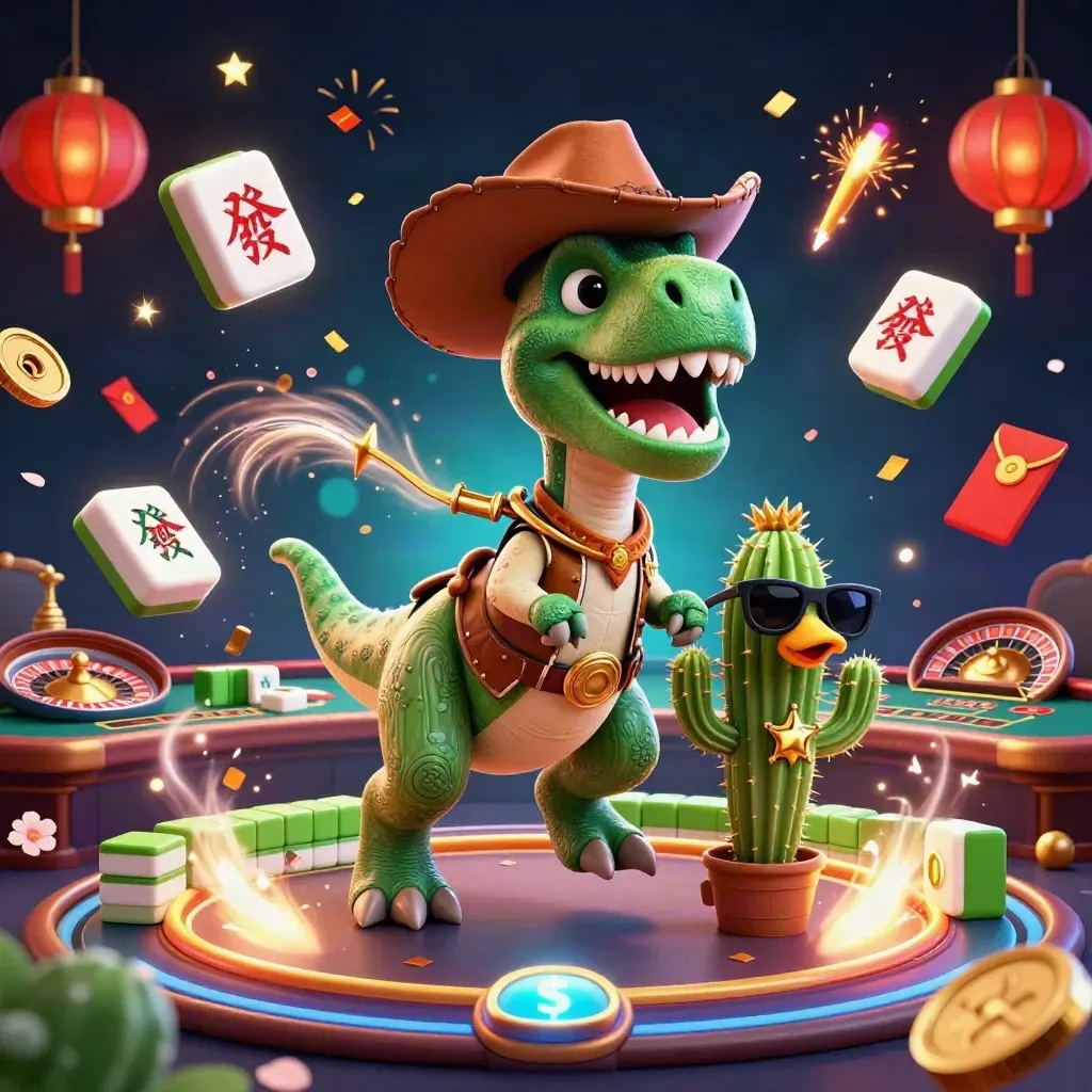 Cowboy T-Rex, cactus and roadrunner in a neon casino scene with gold-green glow