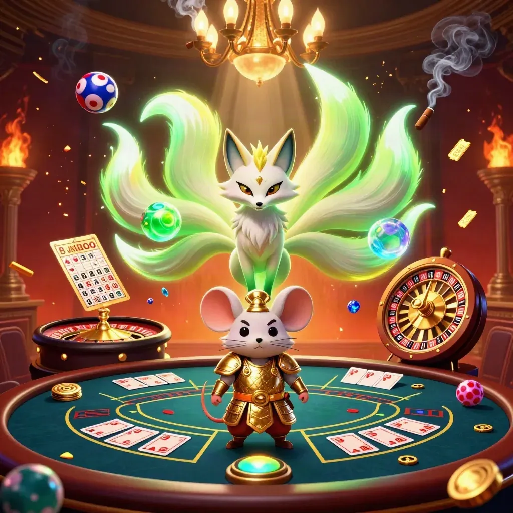 Neon fox spirit and gold-armored mouse amid casino lights, wheels, cards, and ember smoke.