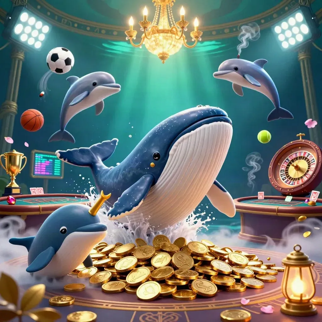 Whale captain and narwhal in a luxury casino underwater scene with coins, brass, and neon light.