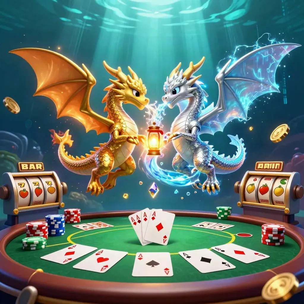 Twin gold and silver dragons spiral in fire and ice above casino cards and glowing chips.