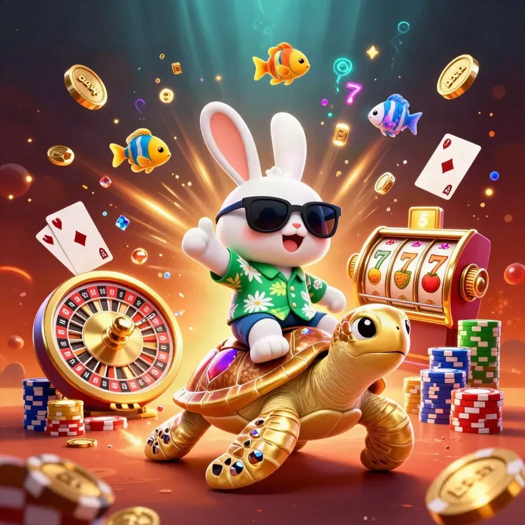 Lucky rabbit rides a gem turtle amid coins, cards, chips, glow, and tropical fish.