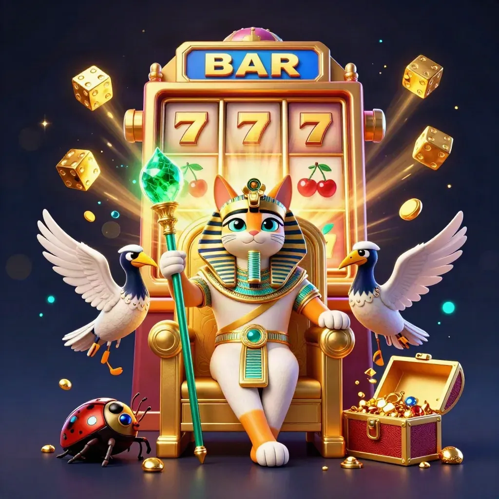 Pharaoh cat, ibis scribe, and gem-wing scarabs amid a bursting slot machine and gold treasure.