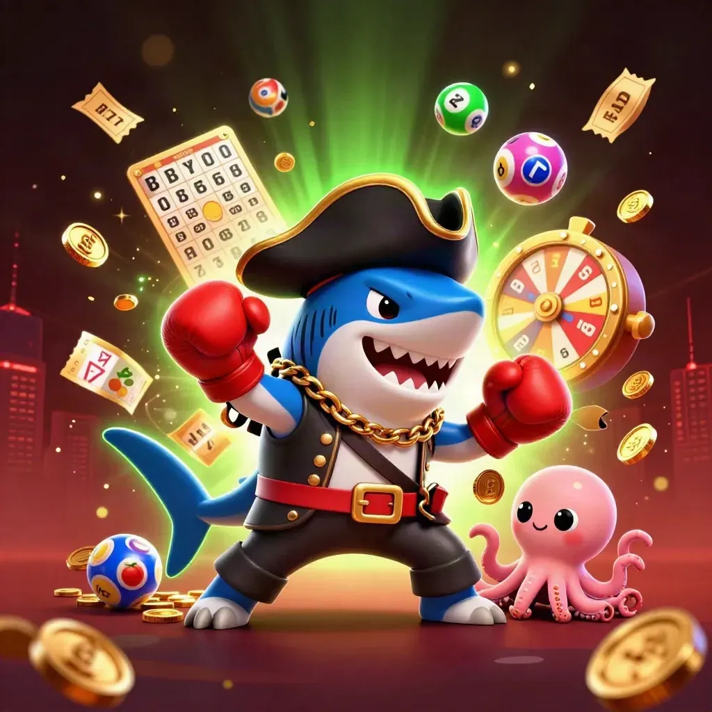 Pirate shark, boxing pufferfish, and juggling octopus amid casino treasure bursts.