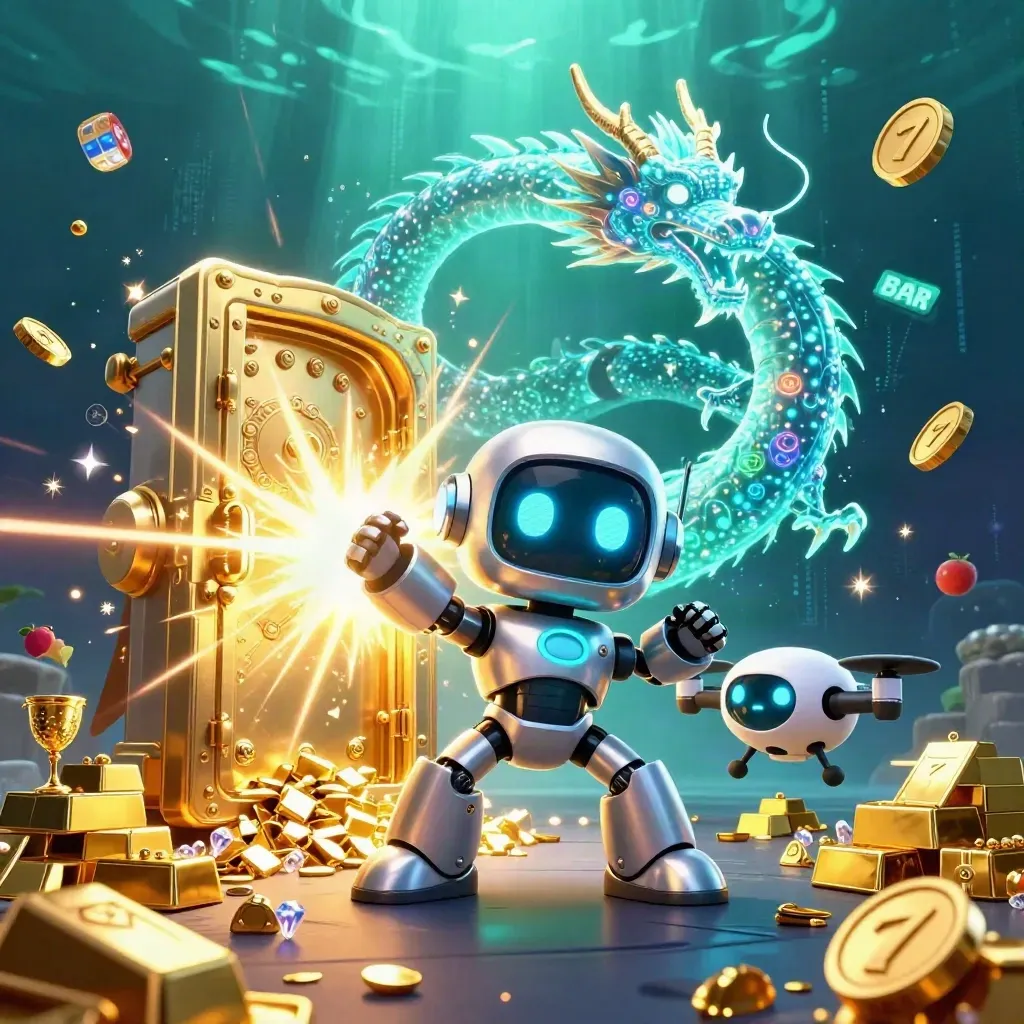 Robot mascot, holographic dragon, and coin drone amid a treasure vault blast underwater.