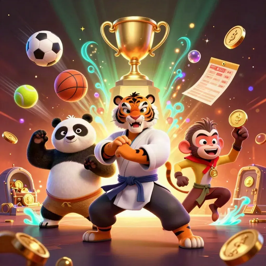 Kung-fu tiger, panda, and monkey celebrate amid coins, sports balls, trophy, and fireworks.