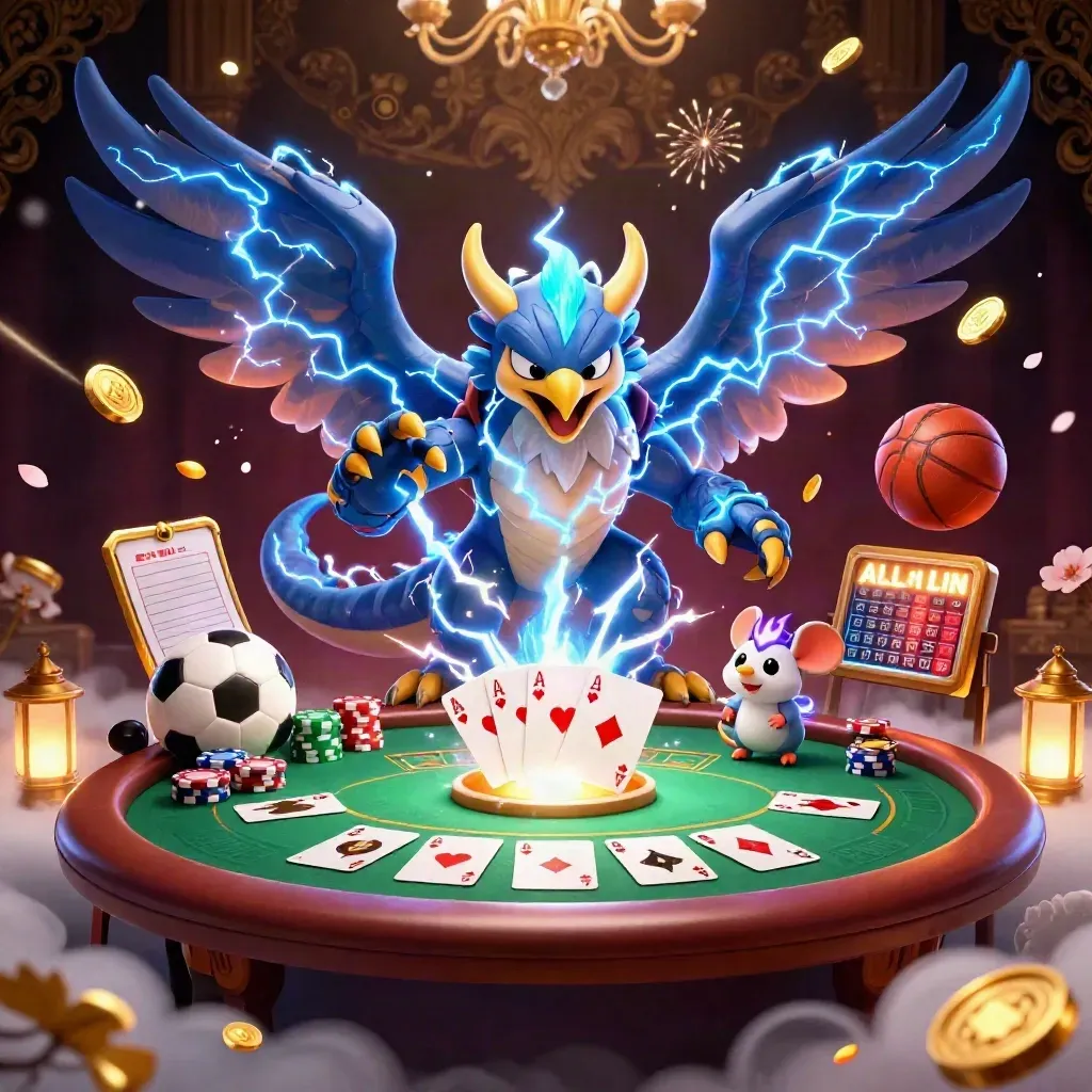 Thunder dragon, wind hawk and thunder-mouse amid coins, chips, cards and fireworks on a dark casino backdrop.