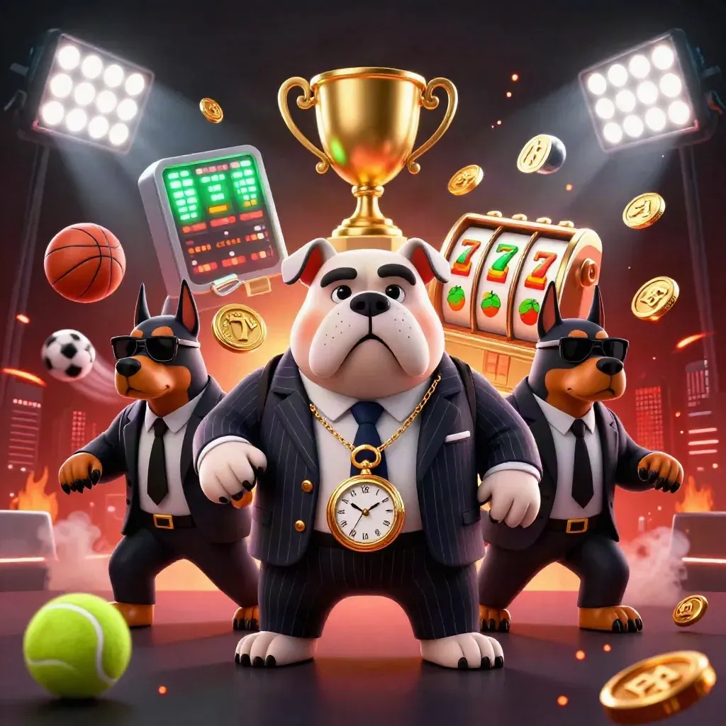 Mafia bulldog with two Dobermans amid sports balls, coins, neon lights, and casino slot effects