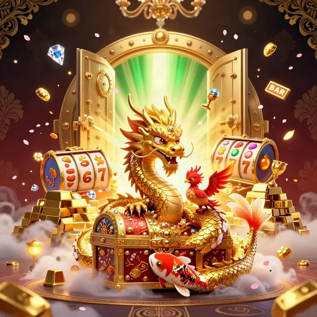 Golden dragon, phoenix, koi, and treasure vault bursting with casino riches on a dark luxe background.