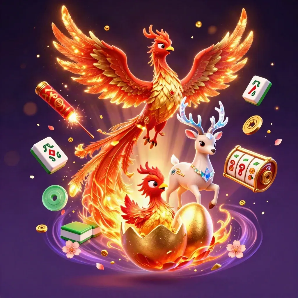 Phoenix, hatching chick, and crystal stag amid casino symbols and glowing magic.