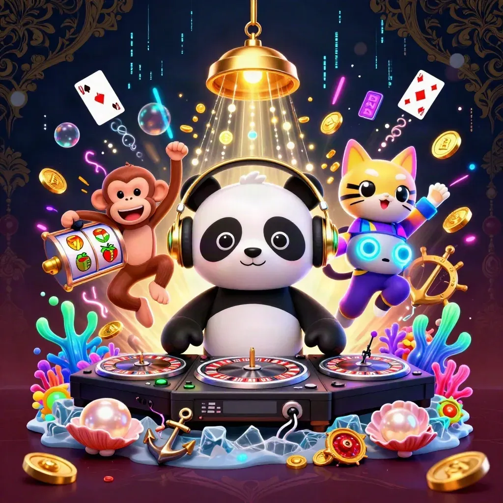 Three cartoon casino mascots spin roulette decks amid treasure cove lights, coins, coral, and neon energy.
