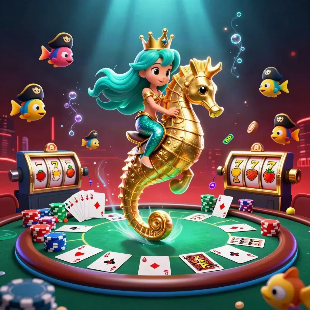 Mermaid princess on armored seahorse amid fish, chips, cards, reels, and neon casino glow