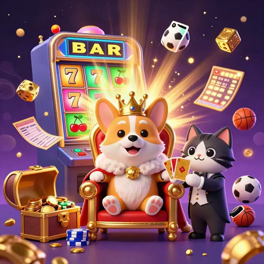 Royal corgi and cat butler amid slot symbols, gold, and neon effects.