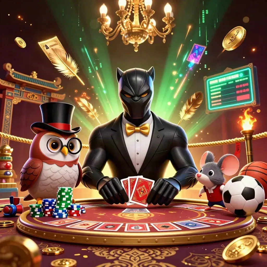 Panther, owl, and mouse casino heroes amid gold chips, neon sparks, and sports betting icons.