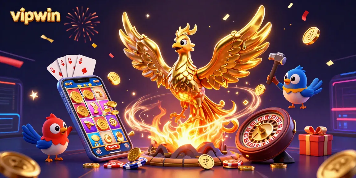 Experience the excitement at vipwin with a golden phoenix and thrilling casino games in a vibrant setting.