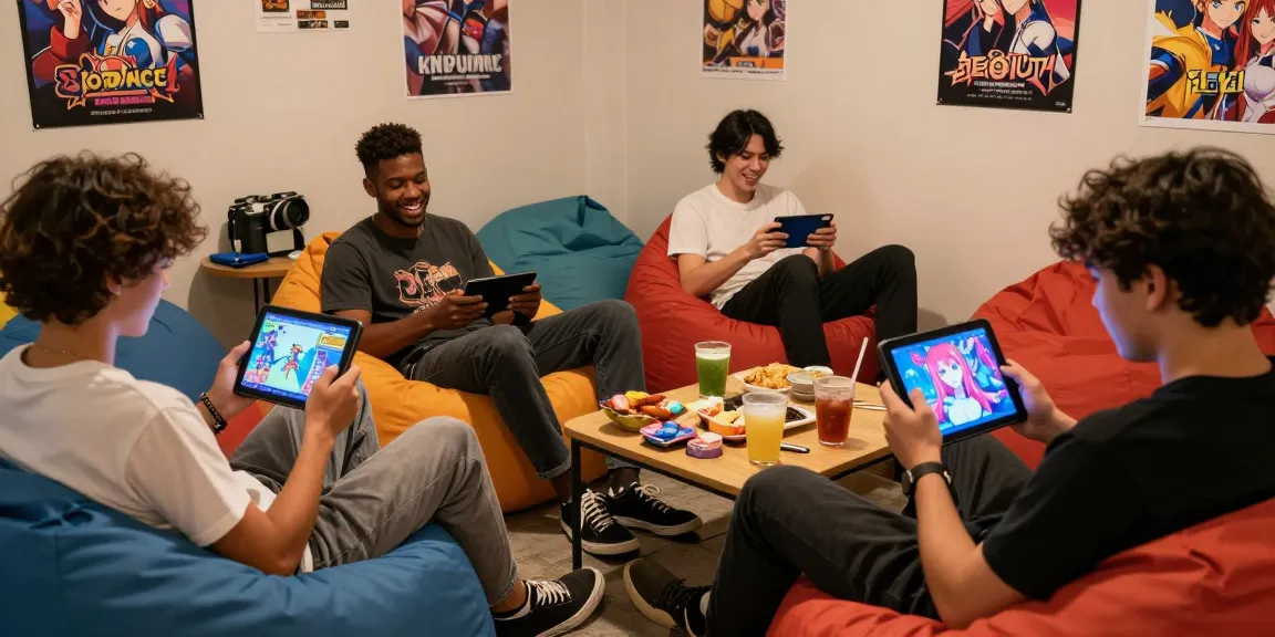 Diverse gamers enjoying hentaigame visual novels and interactive adult games in a cozy lounge setting with vibrant graphics and snacks.