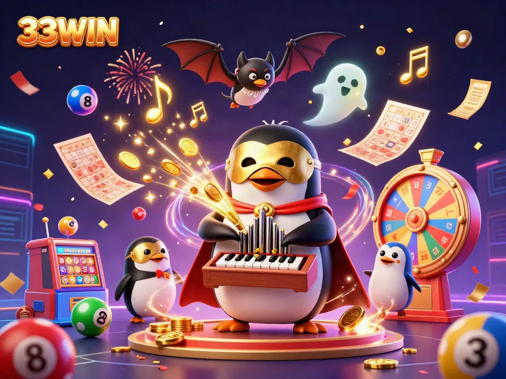 Experience the excitement of casino gaming with 33WIN's vibrant illustration featuring dynamic characters and elements.