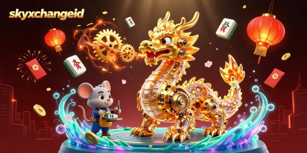 Experience the excitement of skyxchangeid with a vibrant illustration of a golden dragon and dynamic gaming elements.