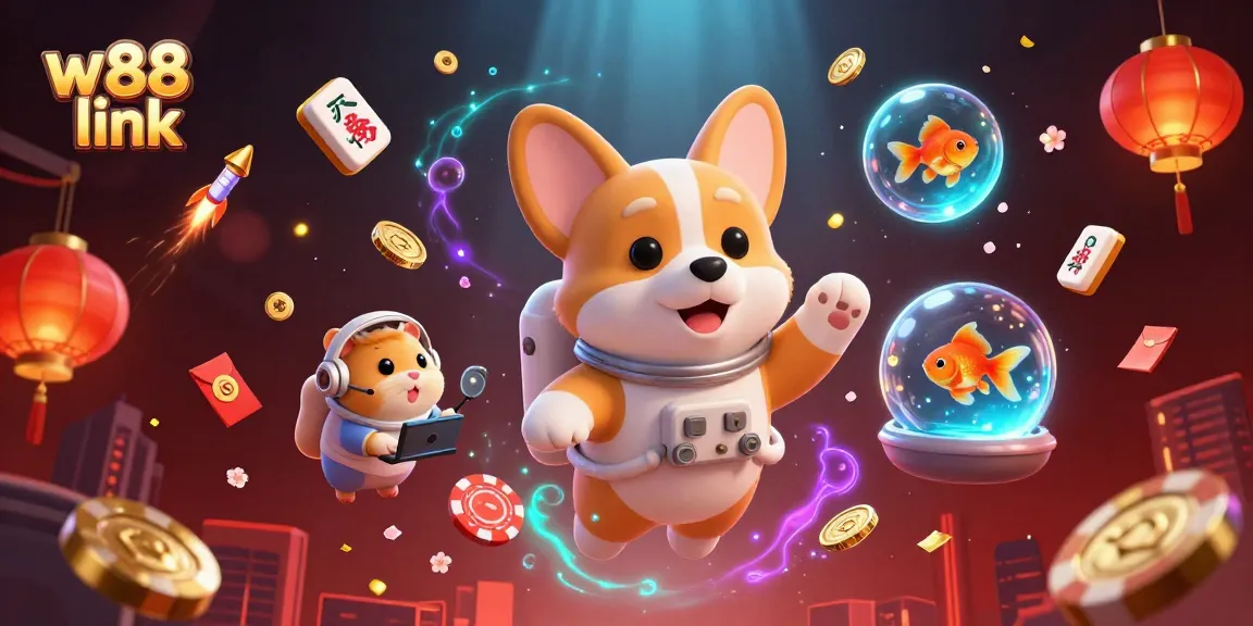 Experience the excitement of betting with the w88 link in this vibrant 3D scene filled with casino elements.