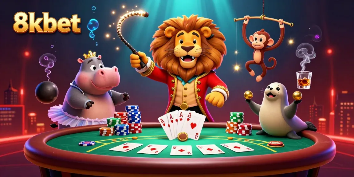 Experience thrilling 8kbet action as a lion, hippo, monkey, and seal entertain at a vibrant poker table.