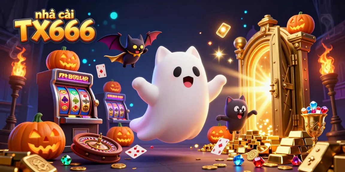 Experience the exciting gambling world with nhà cái TX666 featuring a ghost cat in a festive casino.