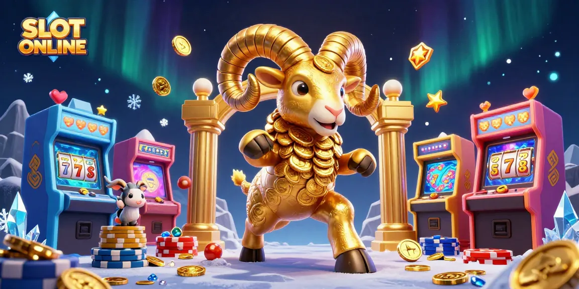 SLOT ONLINE dynamic action scene highlighting a golden ram charging through a colorful casino, surrounded by slot game elements.
