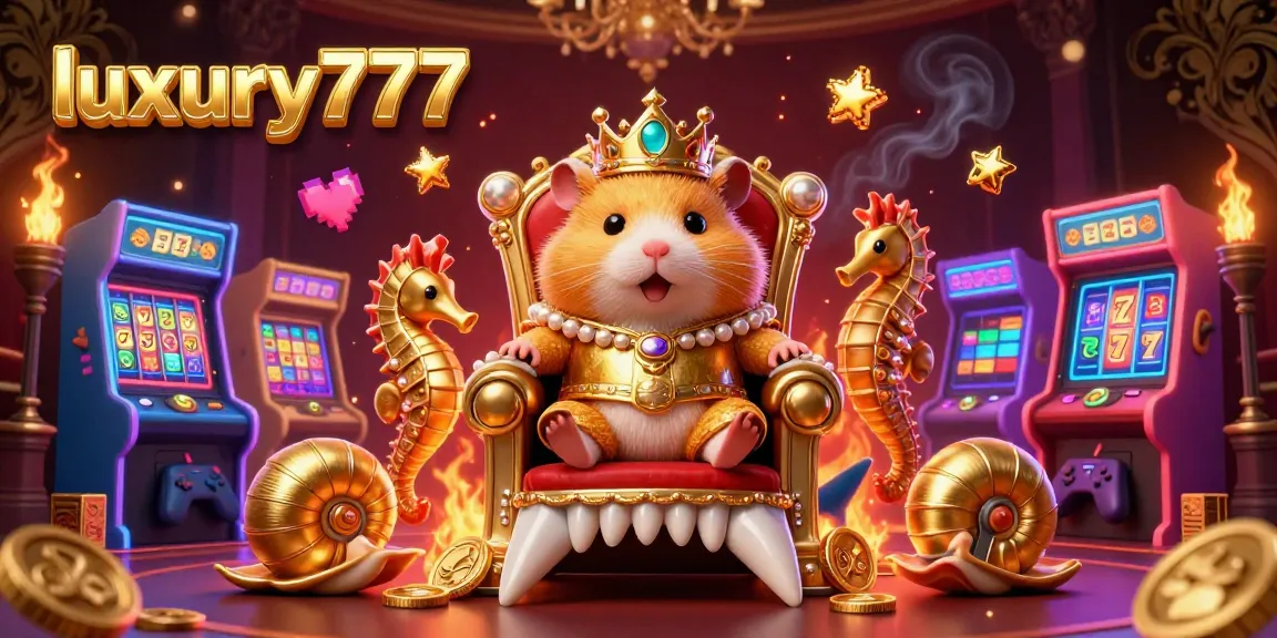 Experience the thrilling world of luxury777 slots with this vivid scene showcasing a golden hamster king ruling over a dynamic casino atmosphere.
