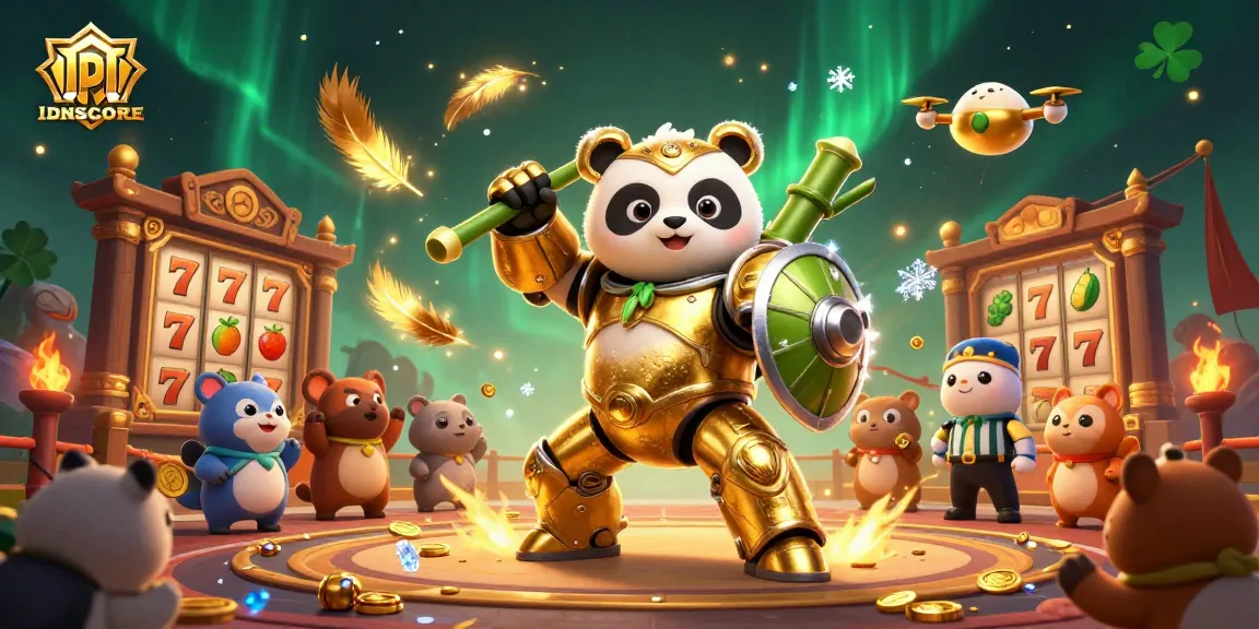 IDNSCORE showcases exciting slots gameplay with a golden panda mech-robot pilot among cheering spectators.