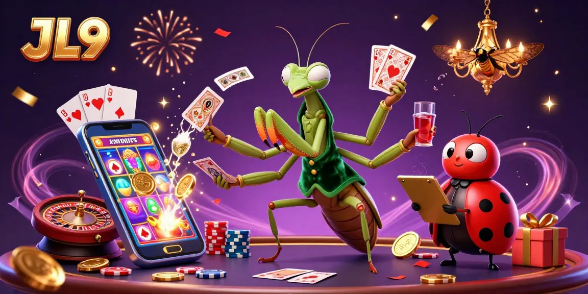Experience thrilling gameplay and excitement at JL9 in a vibrant casino illustration with card games, slots, and celebratory elements.