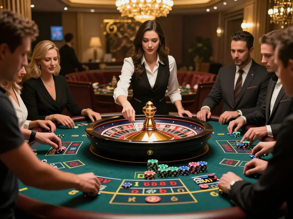 Players eagerly betting at the roulette table in the O8 casino atmosphere.