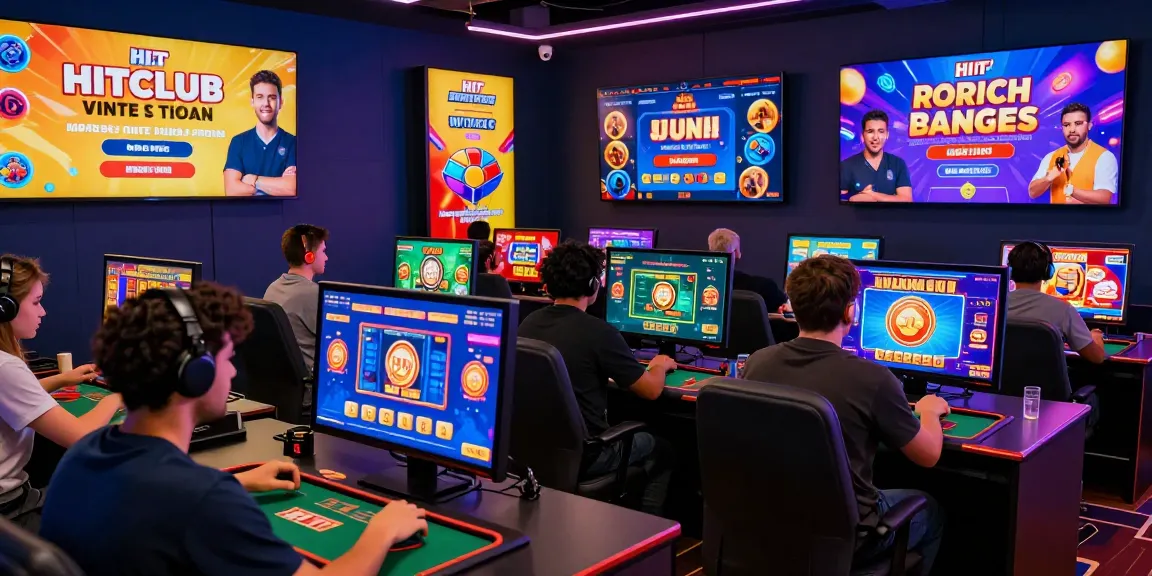Exciting HITCLUB online gaming atmosphere with diverse players and vibrant casino game displays.