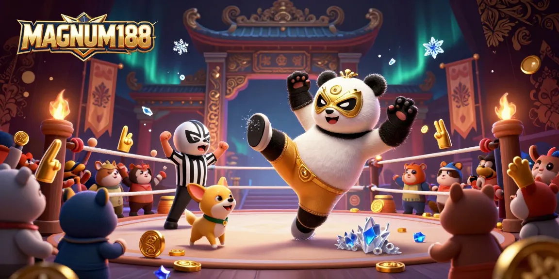 Join the excitement at MAGNUM188 with a thrilling kick from a wrestler panda in an animated scene!