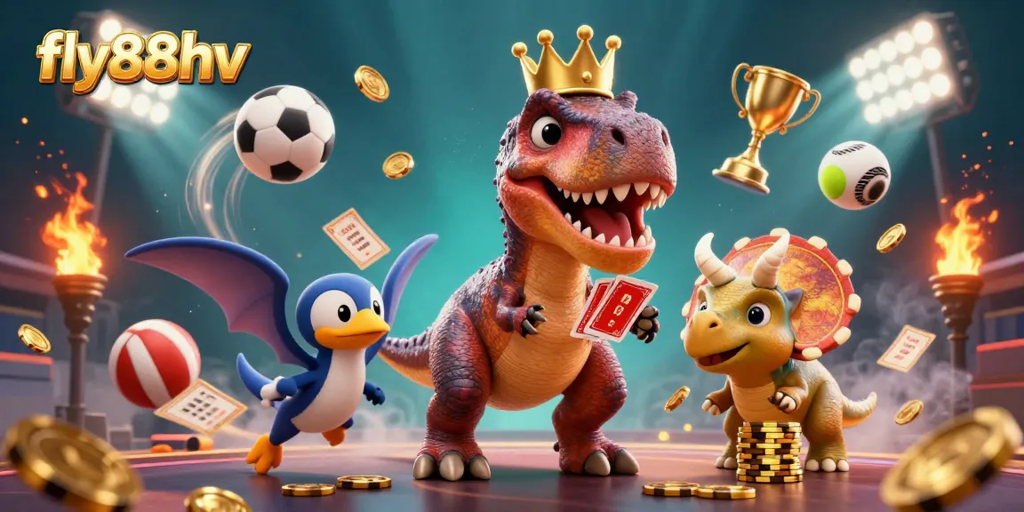 Fly88hv showcases a lively scene with a T-Rex shuffling cards while a baby triceratops stacks chips, highlighting casino excitement.