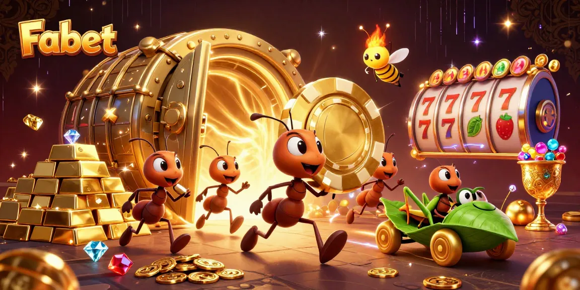 Fabet enhances gaming excitement with a heist scene featuring ants, poker chips, and slot elements.