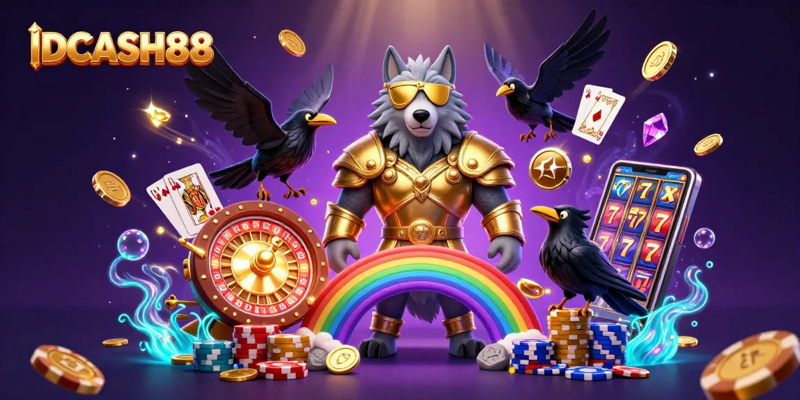 Spin to win at IDCASH88 with a golden Norse-inspired scene featuring vibrant casino elements.