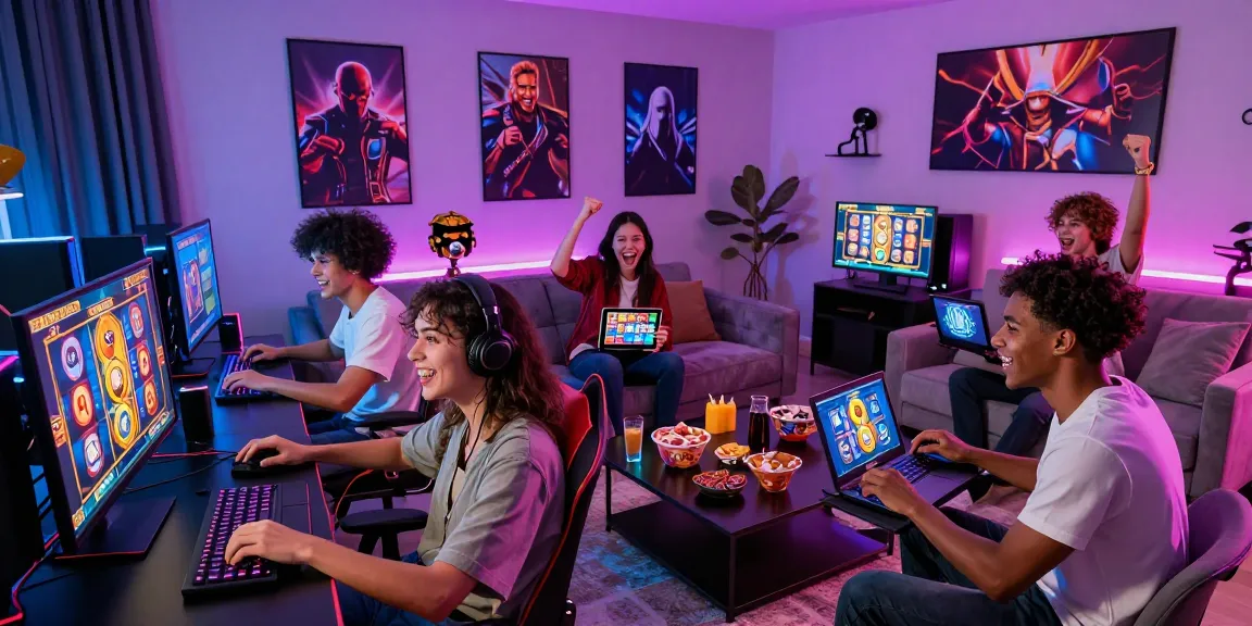 Pengalaman bermain game online mewah LUXURY777 dengan teman-teman dalam suasana ceria di ruang modern.