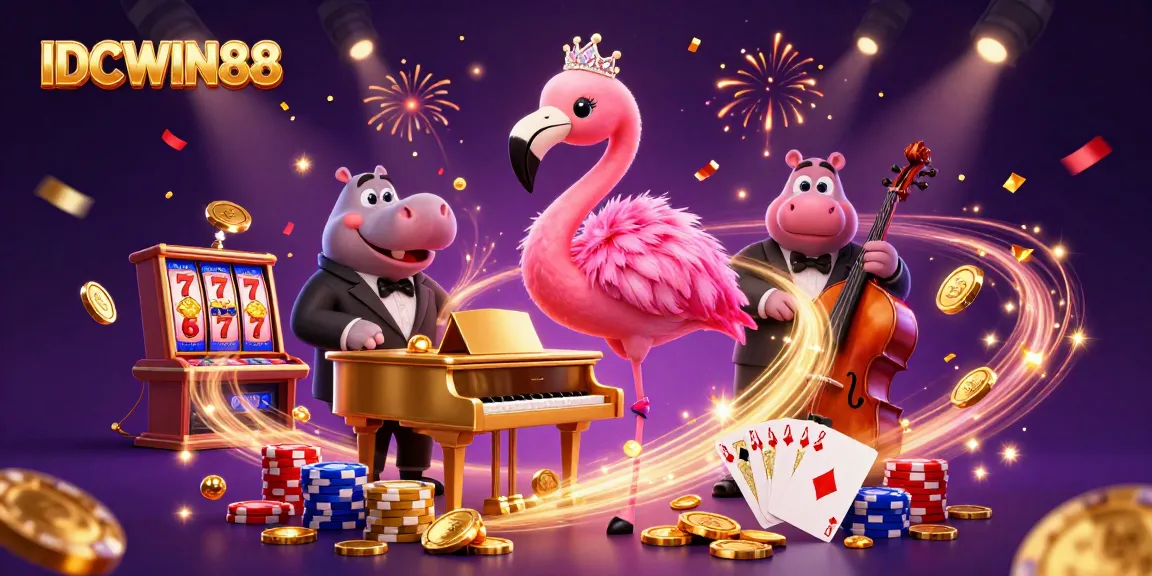 Win big at IDCWIN88 with vibrant casino-themed illustration featuring lively characters and exciting gaming elements.