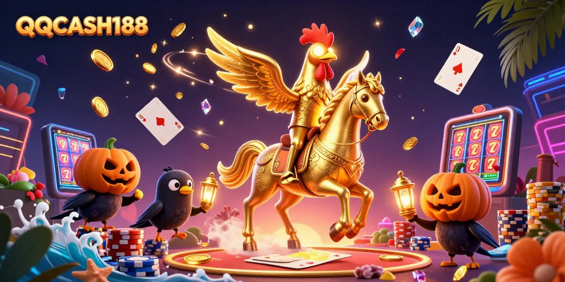 Experience the excitement of QQCASH188 with a luxurious casino scene filled with golden treasures and vibrant characters.