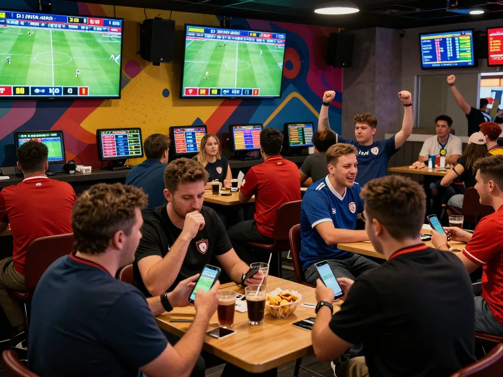 Betting on kèo nhà cái in a bustling sports lounge with fans celebrating exciting games.