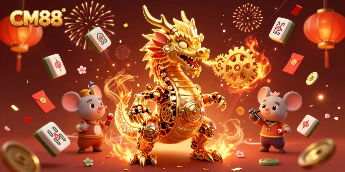 Experience CM88's thrilling action with a golden dragon and festive elements in this vibrant casino scene.