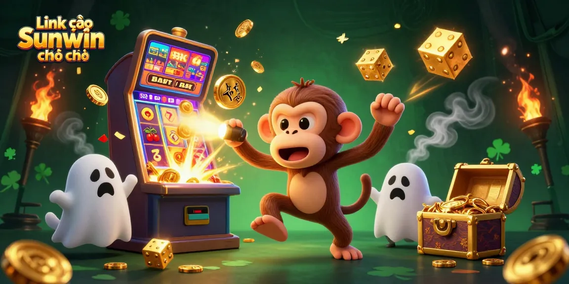 Link vào Sunwin chính thức illustration of an adventurous ghost-hunter puppy tracking a mischievous poltergeist monkey in a casino scene.